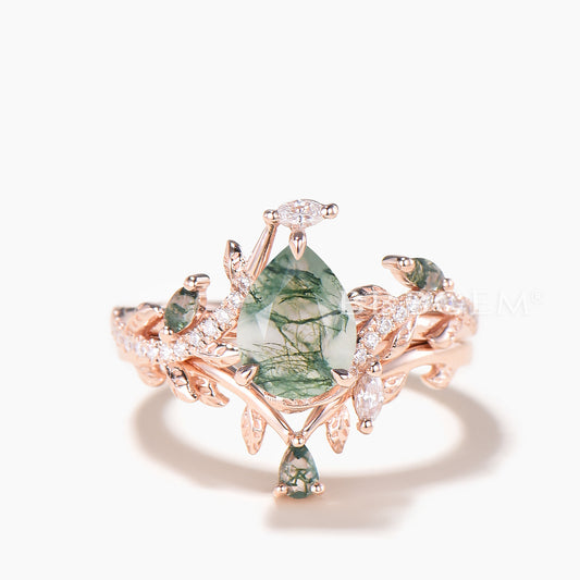 1.25CT Pear Cut Natural Moss Agate Twisted Diamond Leaf Ring Set Agate Band