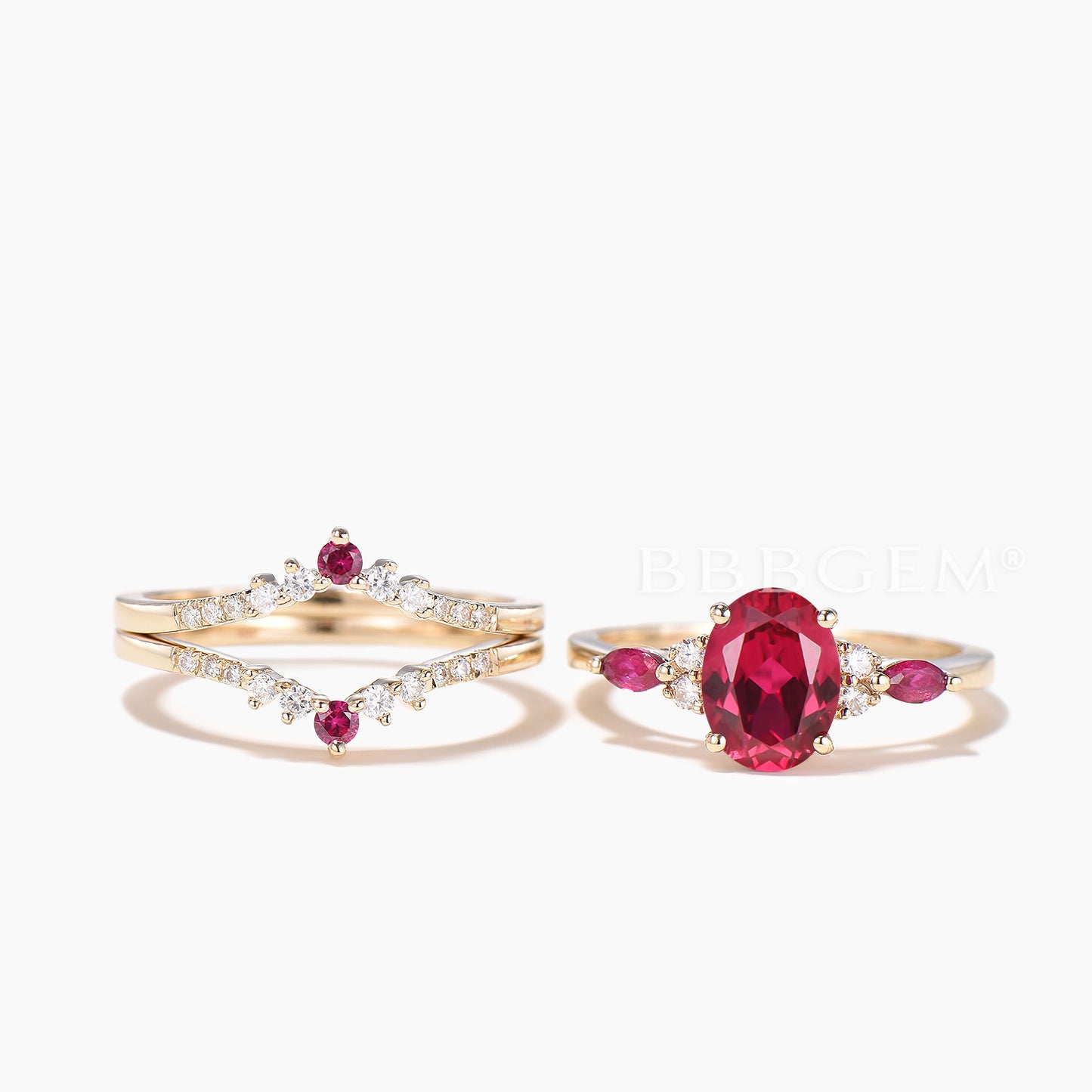 3pcs Ring Set 1.5CT Oval Cut Ruby Engagement Ring Diamond Curved Wedding Band