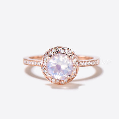 Rose Gold Natural Rainbow Moonstone Engagement Ring Halo Diamond Wedding Ring