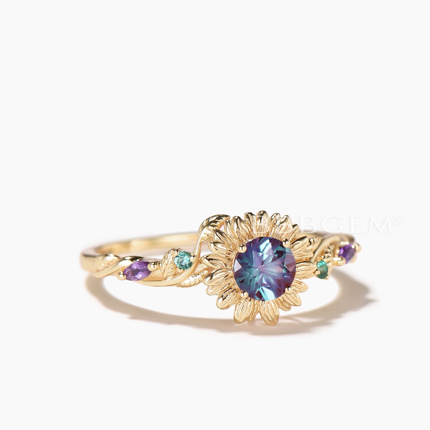 Nature Inspired Round Cut Color-change Alexandrite Sunflower Engagement Ring