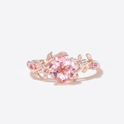 Round Padparadscha Sapphire Ring Pink Sapphire Floral Engagement Ring