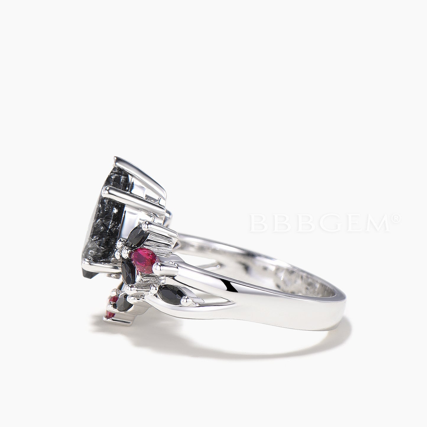 Kite Cut Natural Black Rutilated Quartz Wedding Ring Spinel Ruby Split Shank Ring