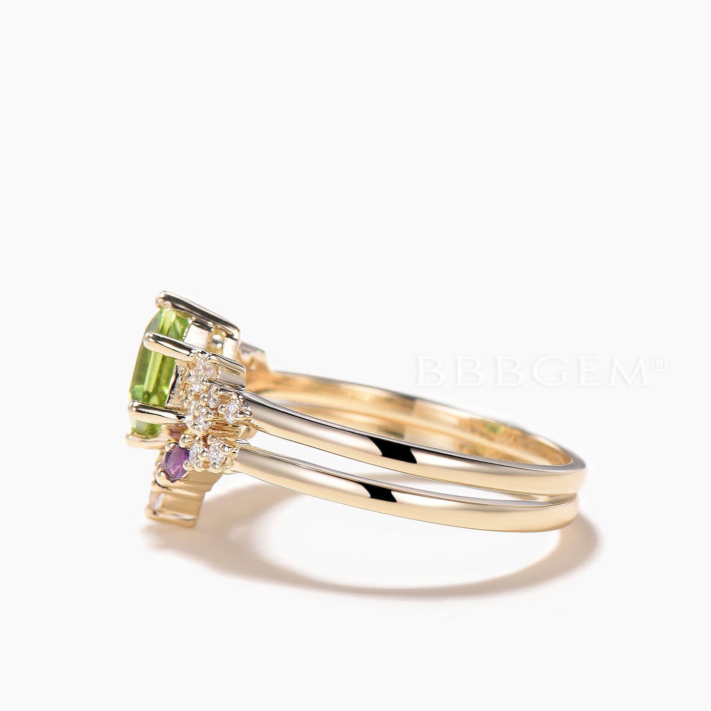 Hexagon Cut Natural Peridot Engagement Ring Moissanite Amethyst Bridal Set