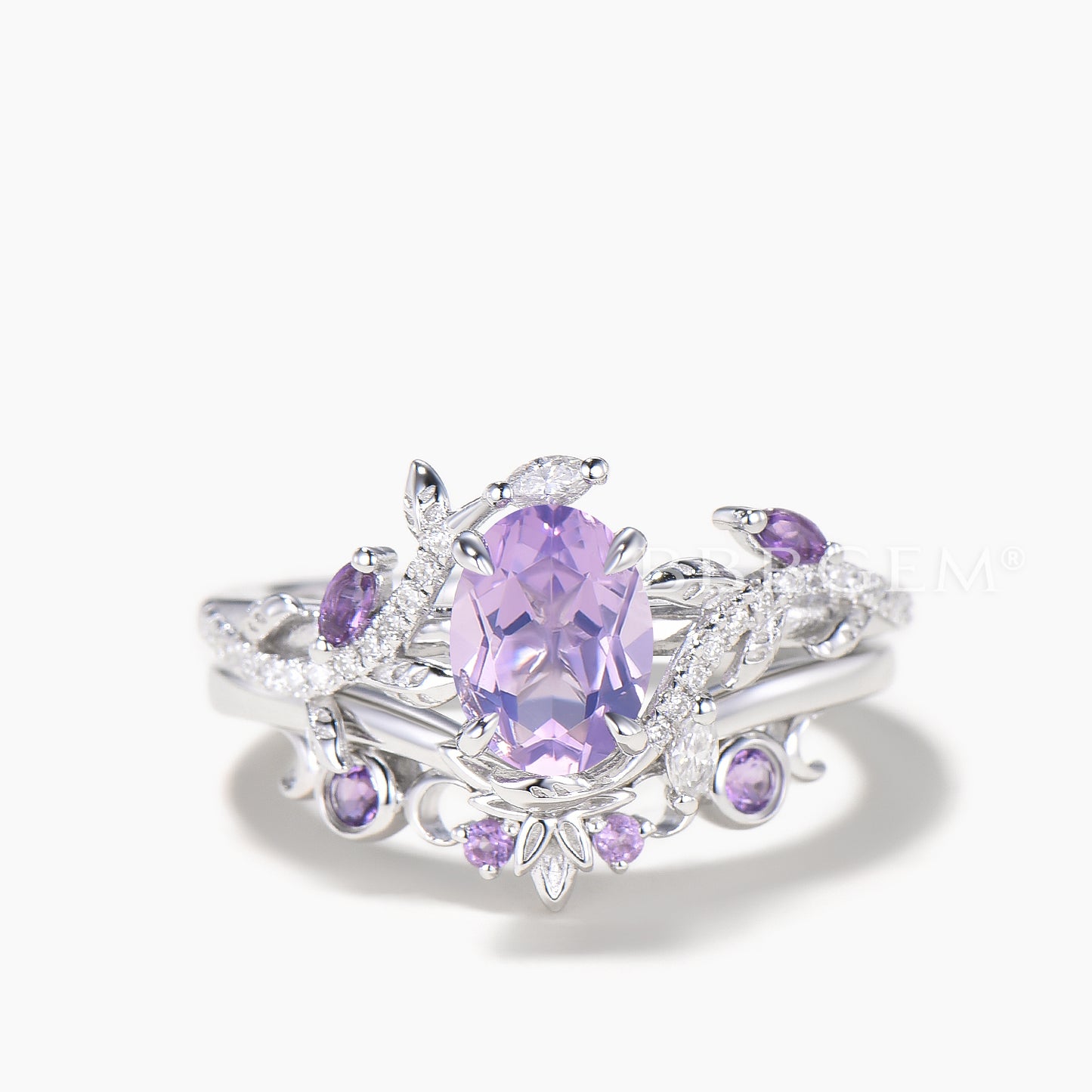 Oval Cut Natural Lavender Amethyst Ring Diamond Amethyst Leaf Twisted Ring Set