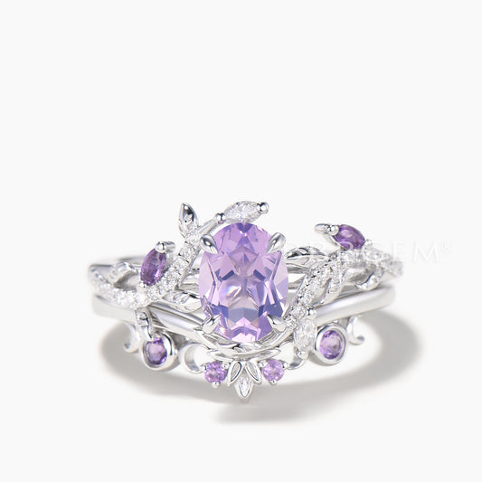 Oval Cut Natural Lavender Amethyst Ring Diamond Amethyst Leaf Twisted Ring Set
