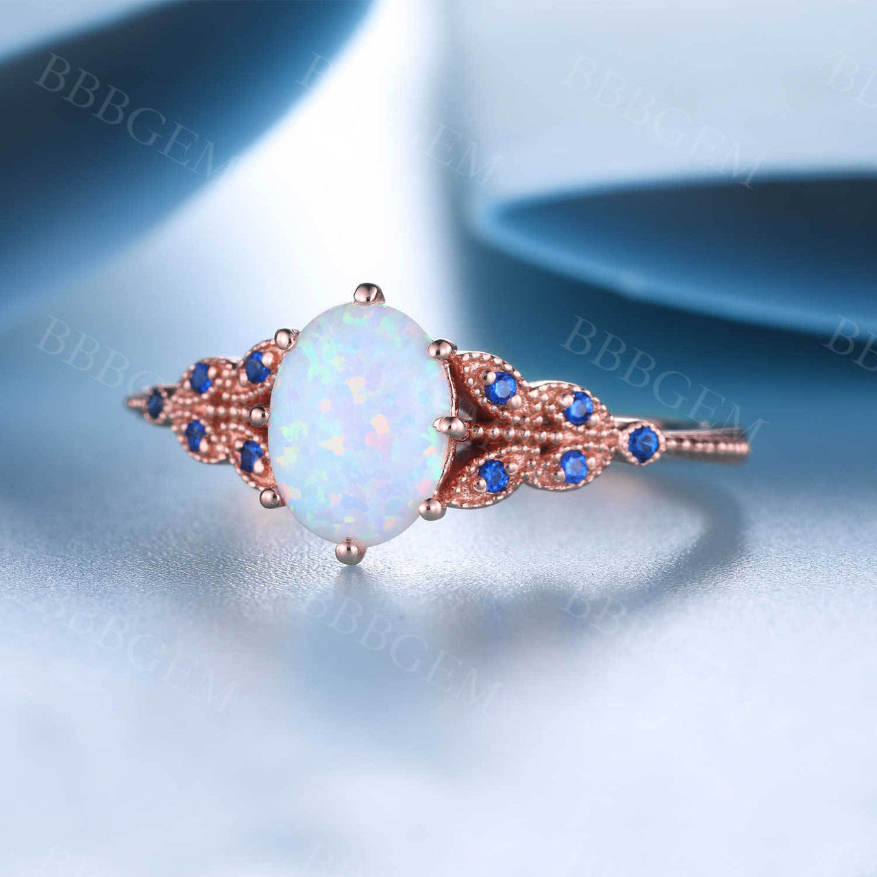 Oval White Opal Engagement Ring 14K Solid Rose Gold Opal Sapphire Ring Promise Ring