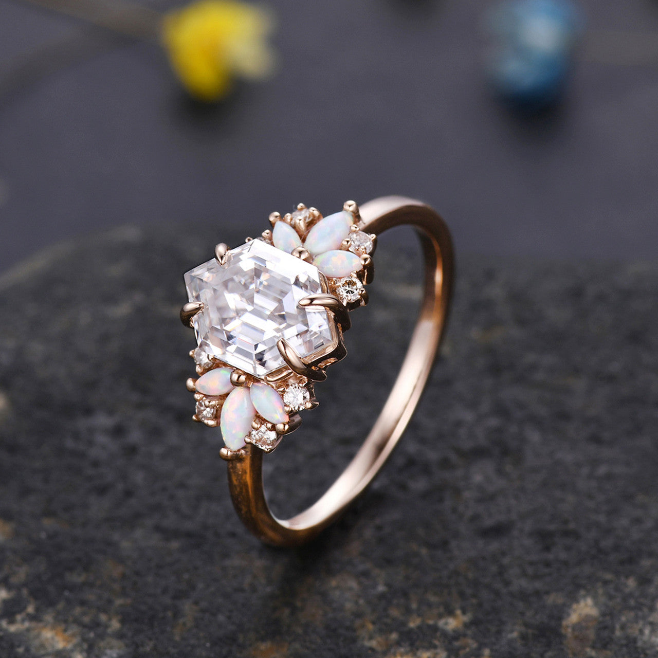 Vintage moissanite opal engagement ring hexagon cut moissanite ring rose gold promise ring