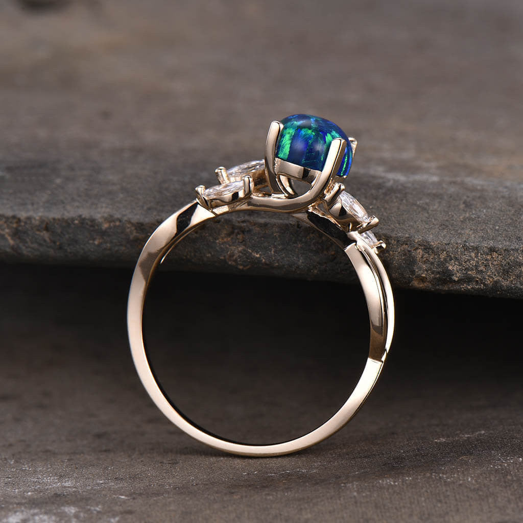 Black Blue Opal Moissanite Engagement Ring