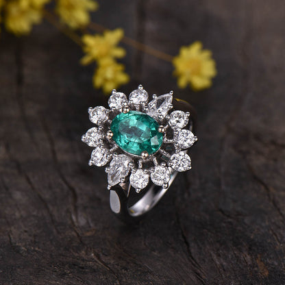 Vintage Natural Emerald Engagement Ring Floral 04