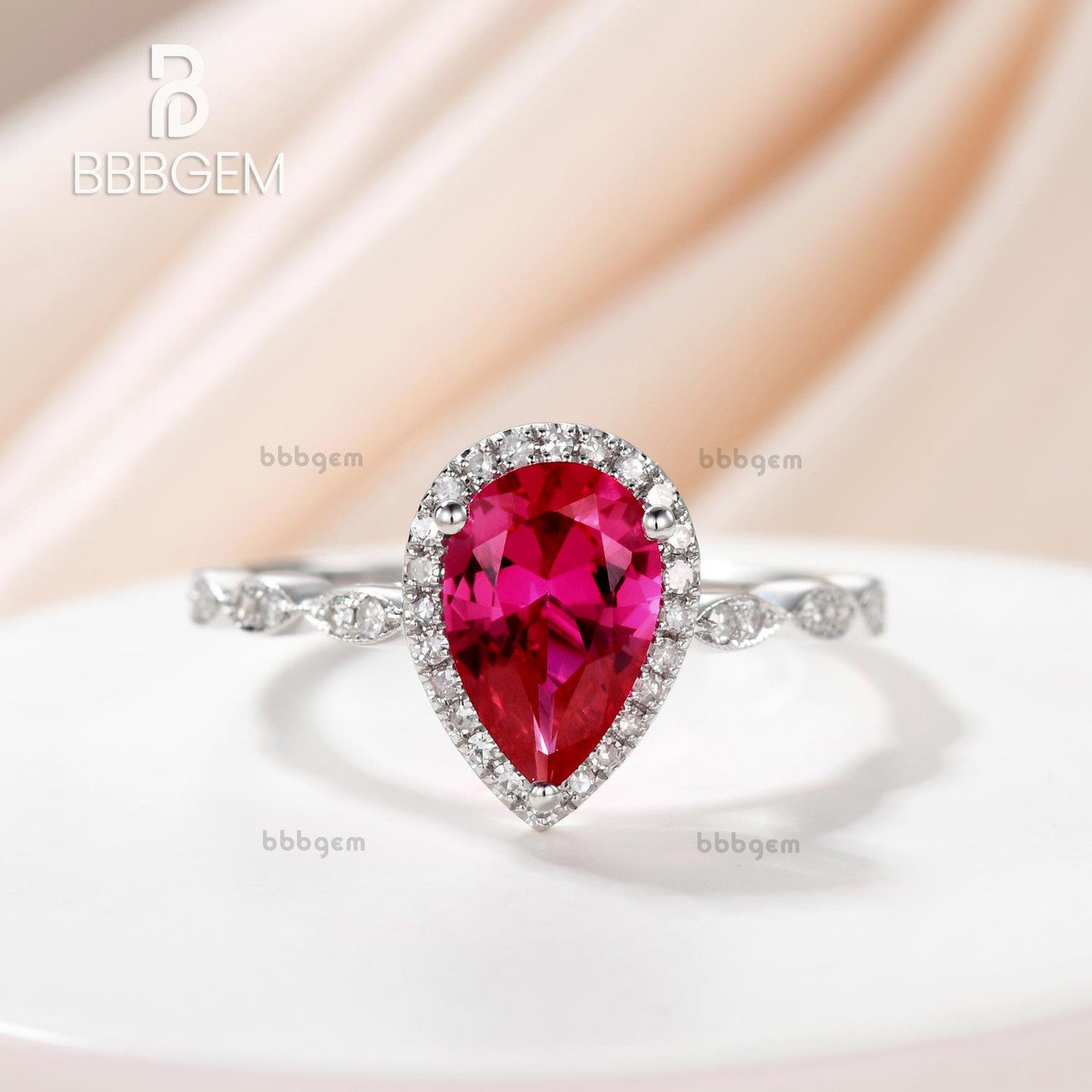 Pear Cut Ruby Engagement Ring in White Gold-Lab Ruby Diamond Halo Wedding Ring