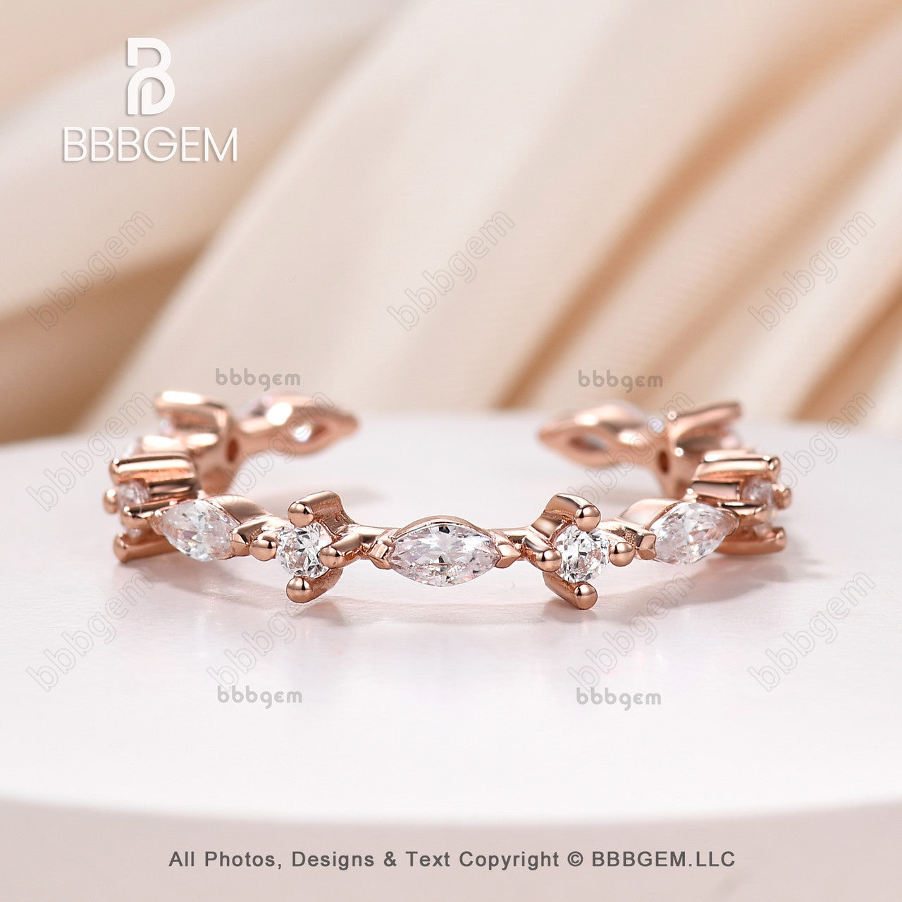 Fashion Open Gap Marquise Round Diamond Wedding Ring Eternity Art Deco Marquise Moissanite14K Rose Gold Vintage Gap Band-bbbgem