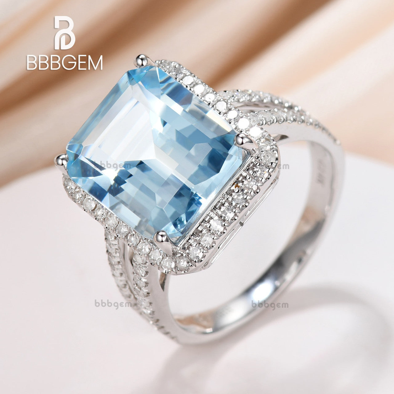 cocktatil ring, emerald cut aqumarine engagement ring, white gold aquamarine wedding ring