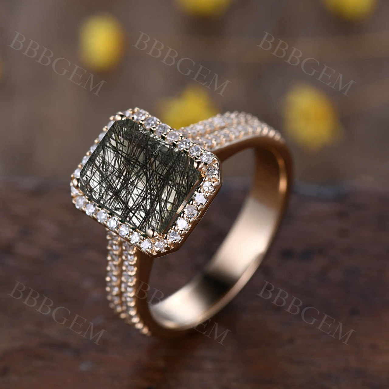 Vintage Black Rutilated Quartz Engagement Ring-BBBGEM Black Rutilated Quartz Engagement Ring