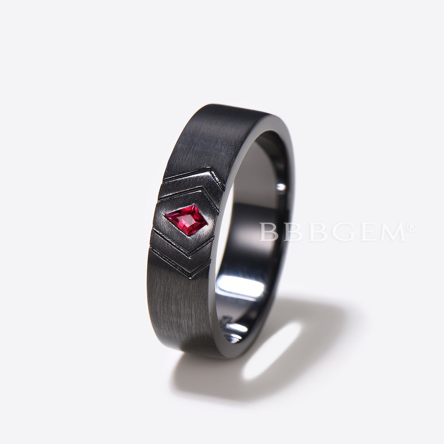 6mm Wide Black Gold Kite Cut Ruby Mens Wedding Band Brushed Ring