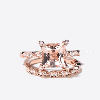 Princess Cut Morganite Hidden Diamond Halo Wedding Ring Set 14K Rose Gold Statement Ring