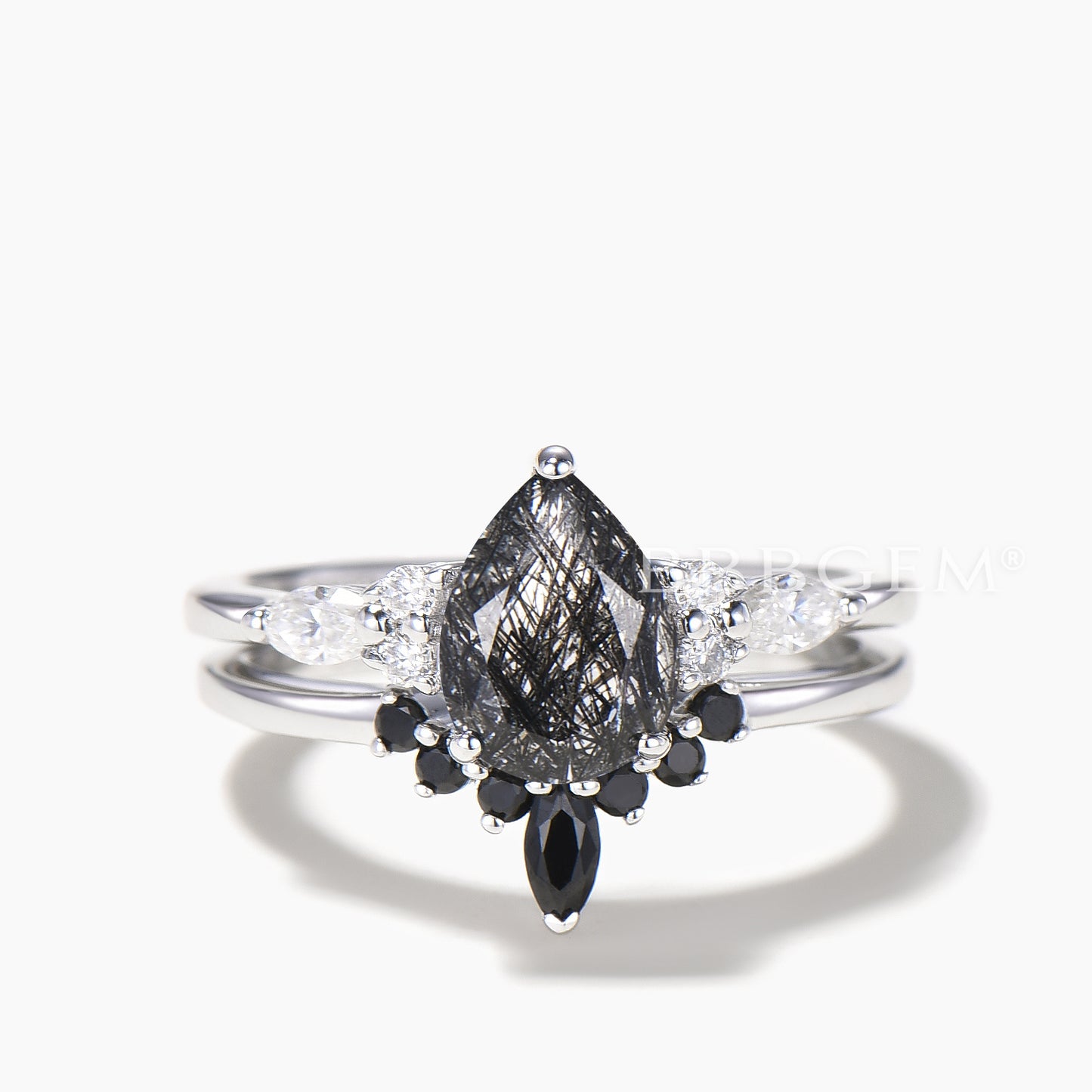 Black Rutilated Quartz Engagement Ring Moissanite Spinel Ring