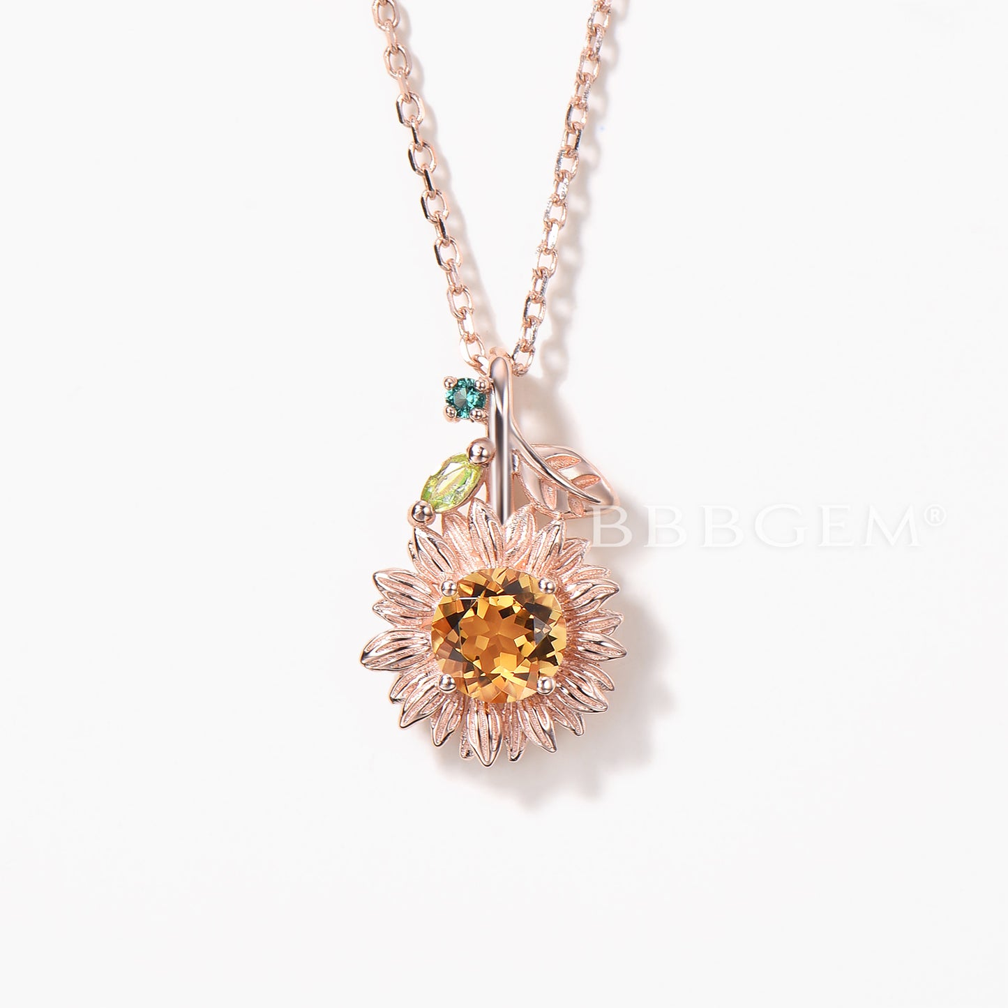 Round Cut Natural Citrine Sunflower Necklace Peridot Leaf Twig Inspired Pendant