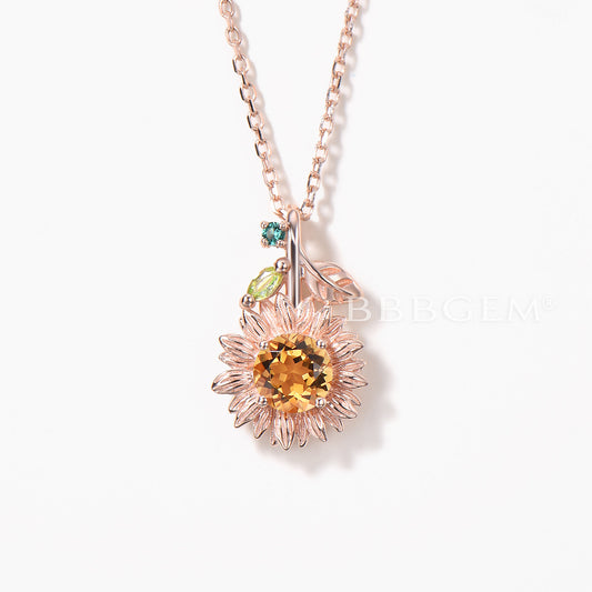 Round Cut Natural Citrine Sunflower Necklace Peridot Leaf Twig Inspired Pendant