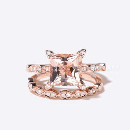 Princess Cut Morganite Hidden Diamond Halo Wedding Ring Set 14K Rose Gold Statement Ring