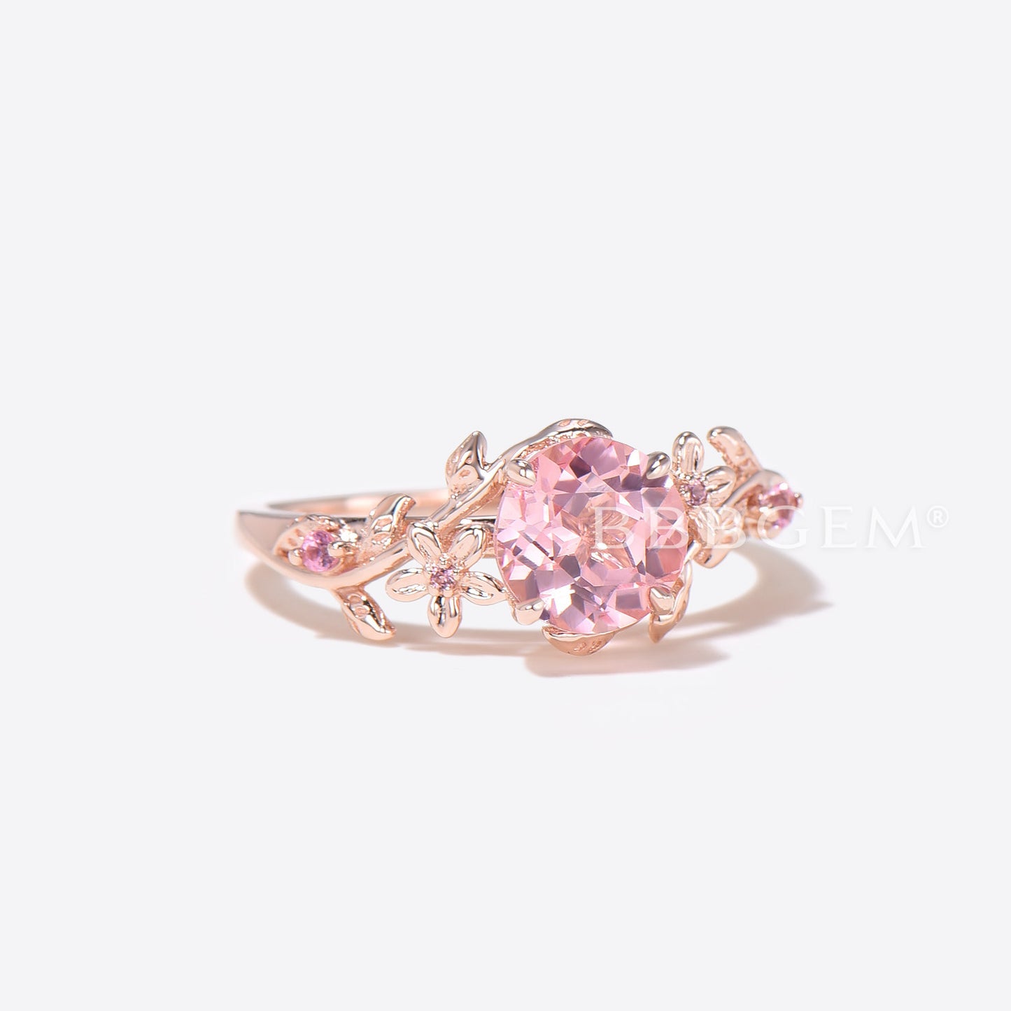 Round Padparadscha Sapphire Ring Pink Sapphire Floral Engagement Ring