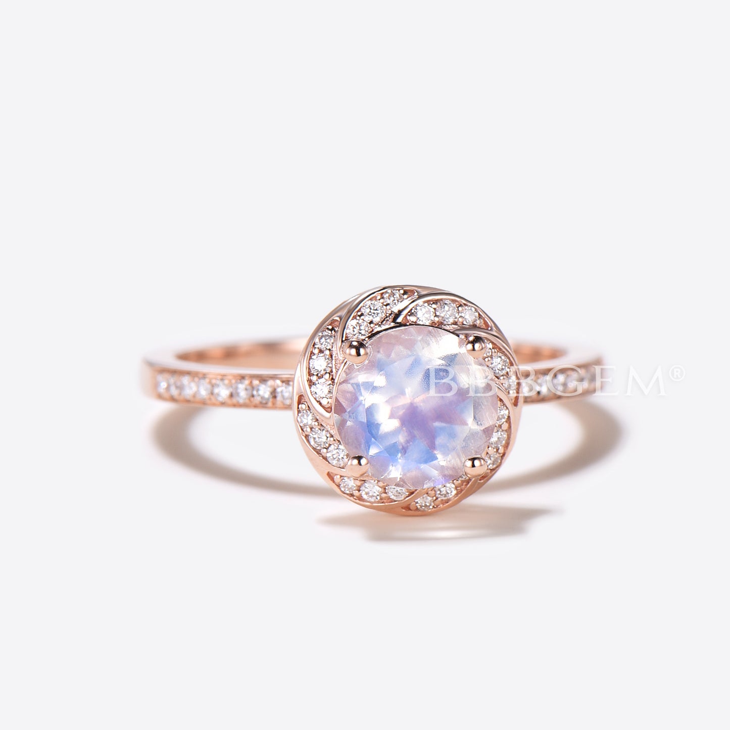 Rose Gold Natural Rainbow Moonstone Engagement Ring Halo Diamond Wedding Ring