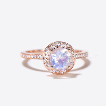 Rose Gold Natural Rainbow Moonstone Engagement Ring Halo Diamond Wedding Ring