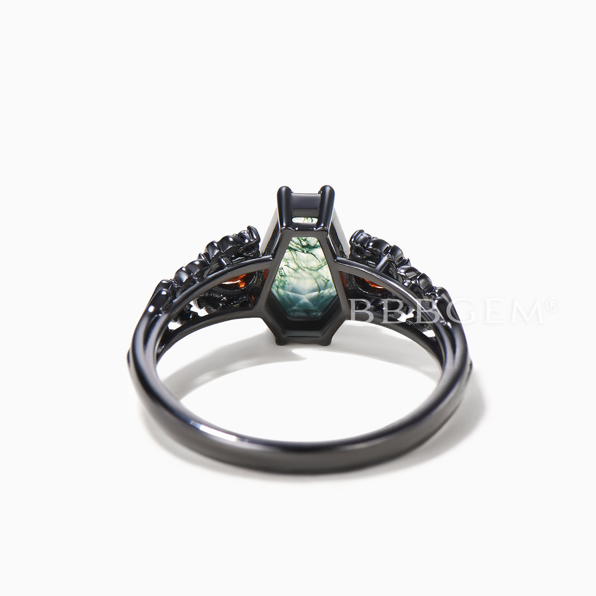 Coffin Moss Agate Leaf Engagement Ring Moissanite Garnet Gothic Black Gold Ring
