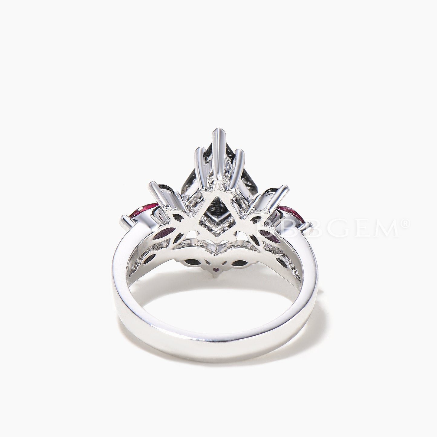 Kite Cut Natural Black Rutilated Quartz Wedding Ring Spinel Ruby Split Shank Ring