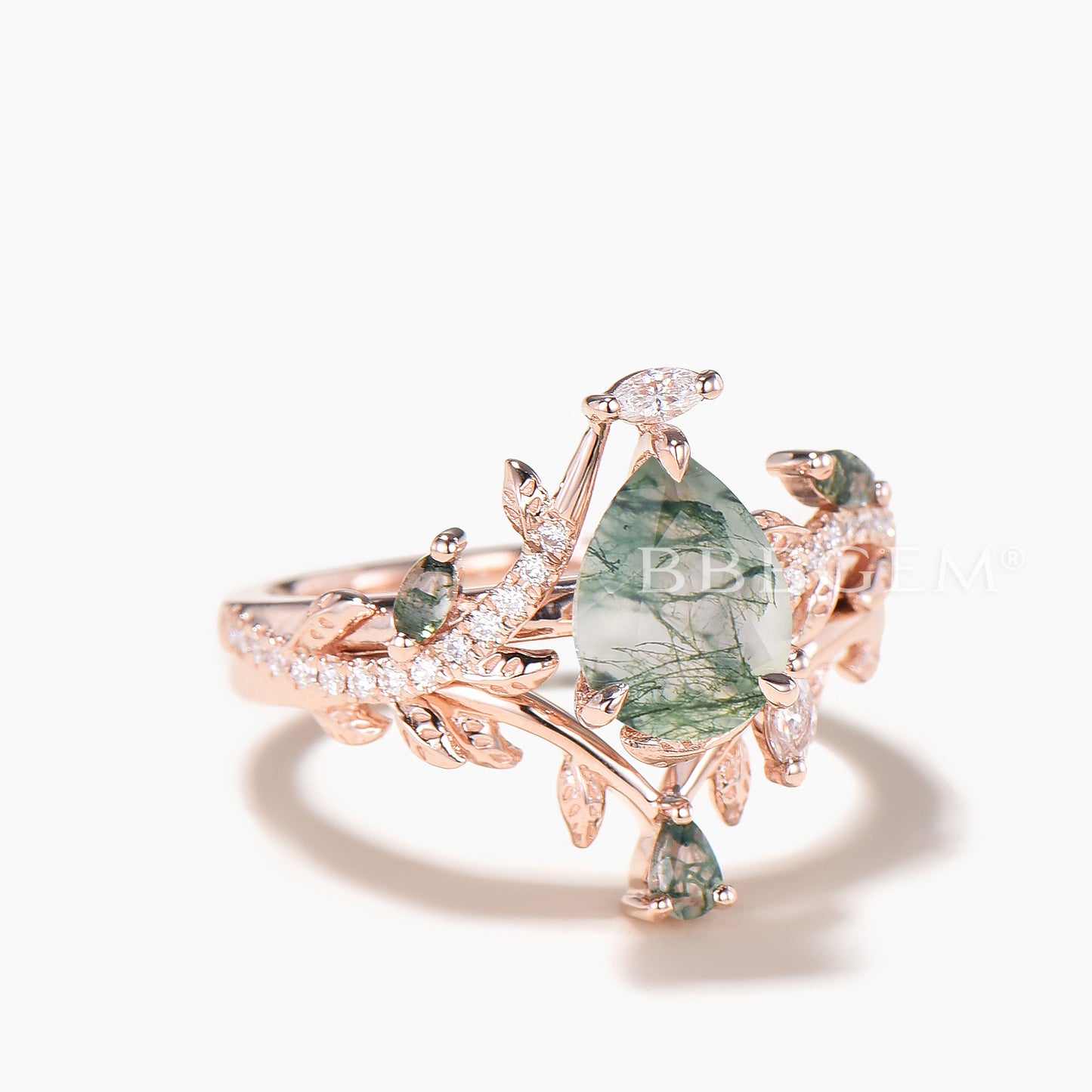 1.25CT Pear Cut Natural Moss Agate Twisted Diamond Leaf Ring Set Agate Band