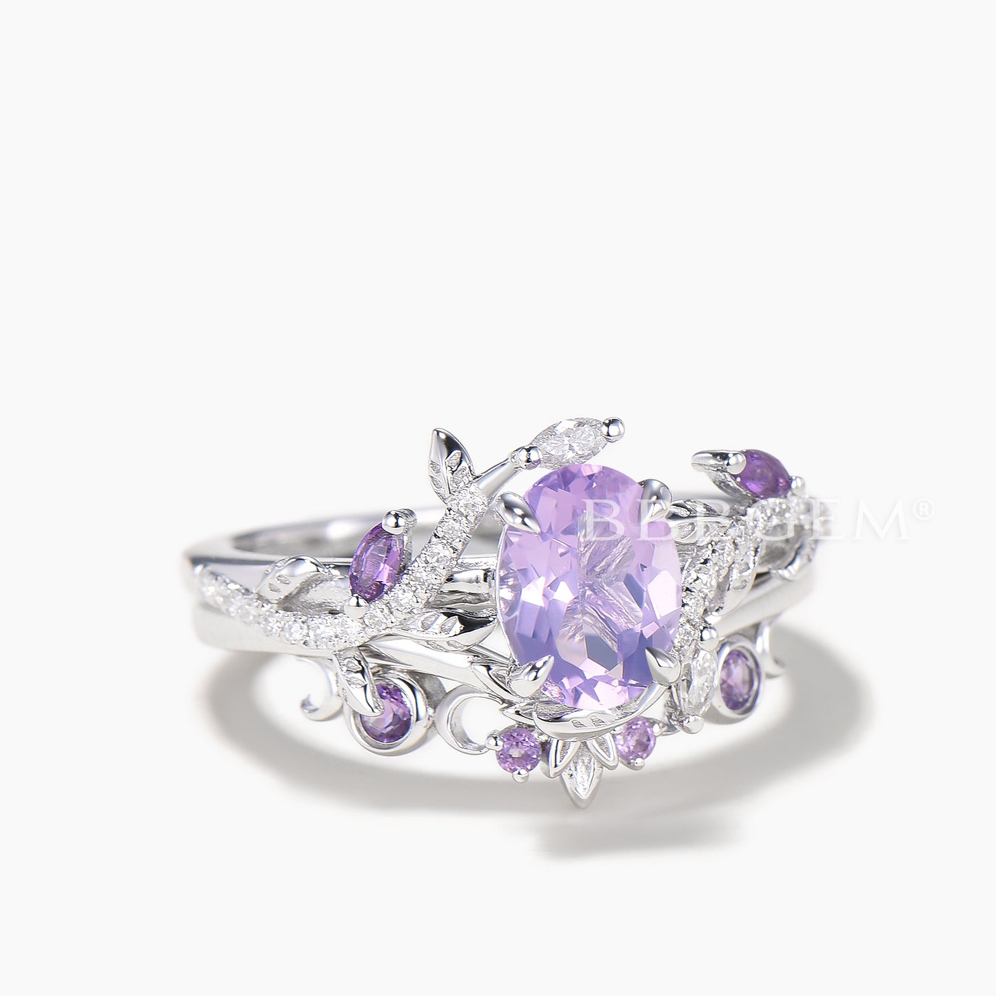 Oval Cut Natural Lavender Amethyst Ring Diamond Amethyst Leaf Twisted Ring Set