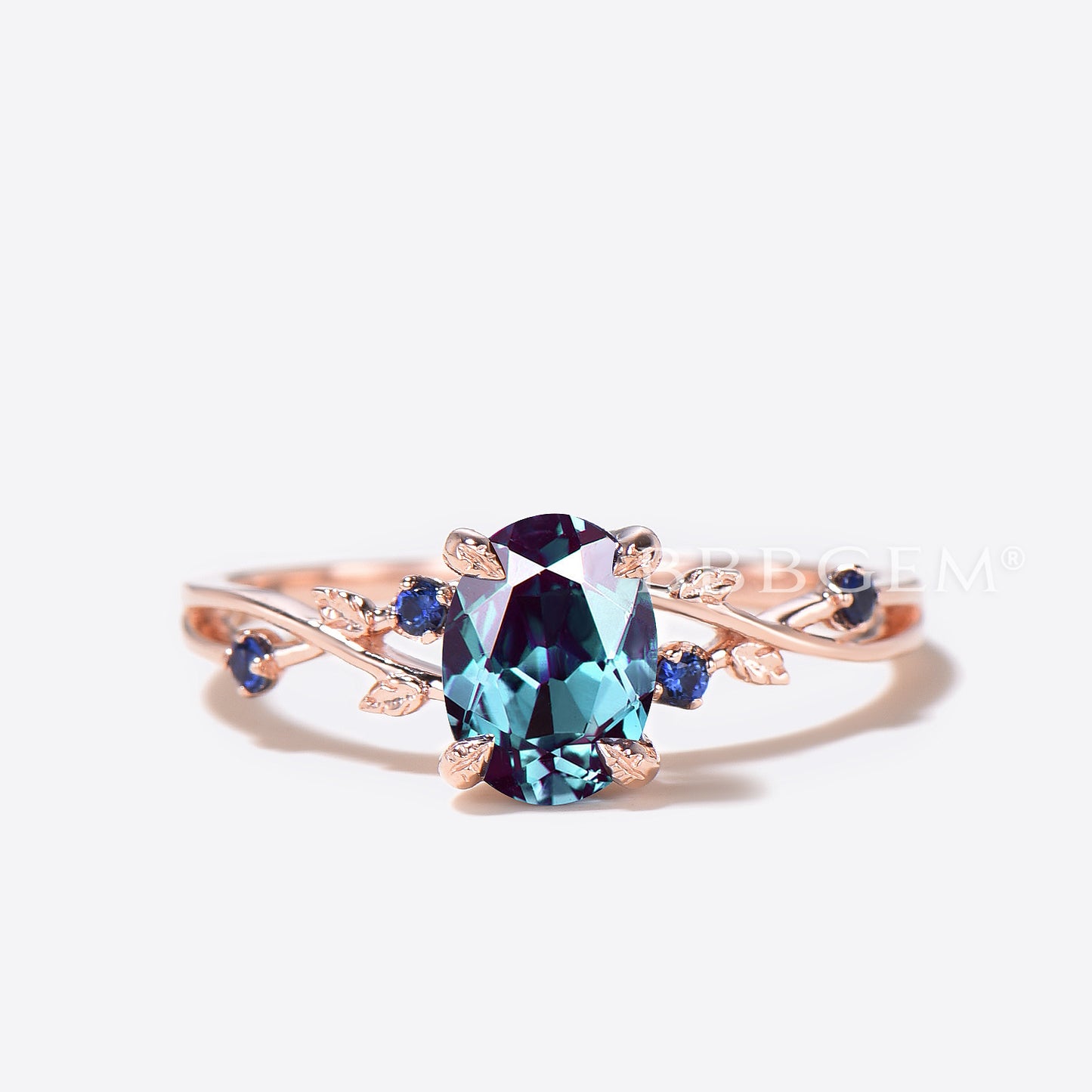 Twisted Vine Oval Color-Change Alexandrite Ring Leaf Blue Sapphire Wedding Band