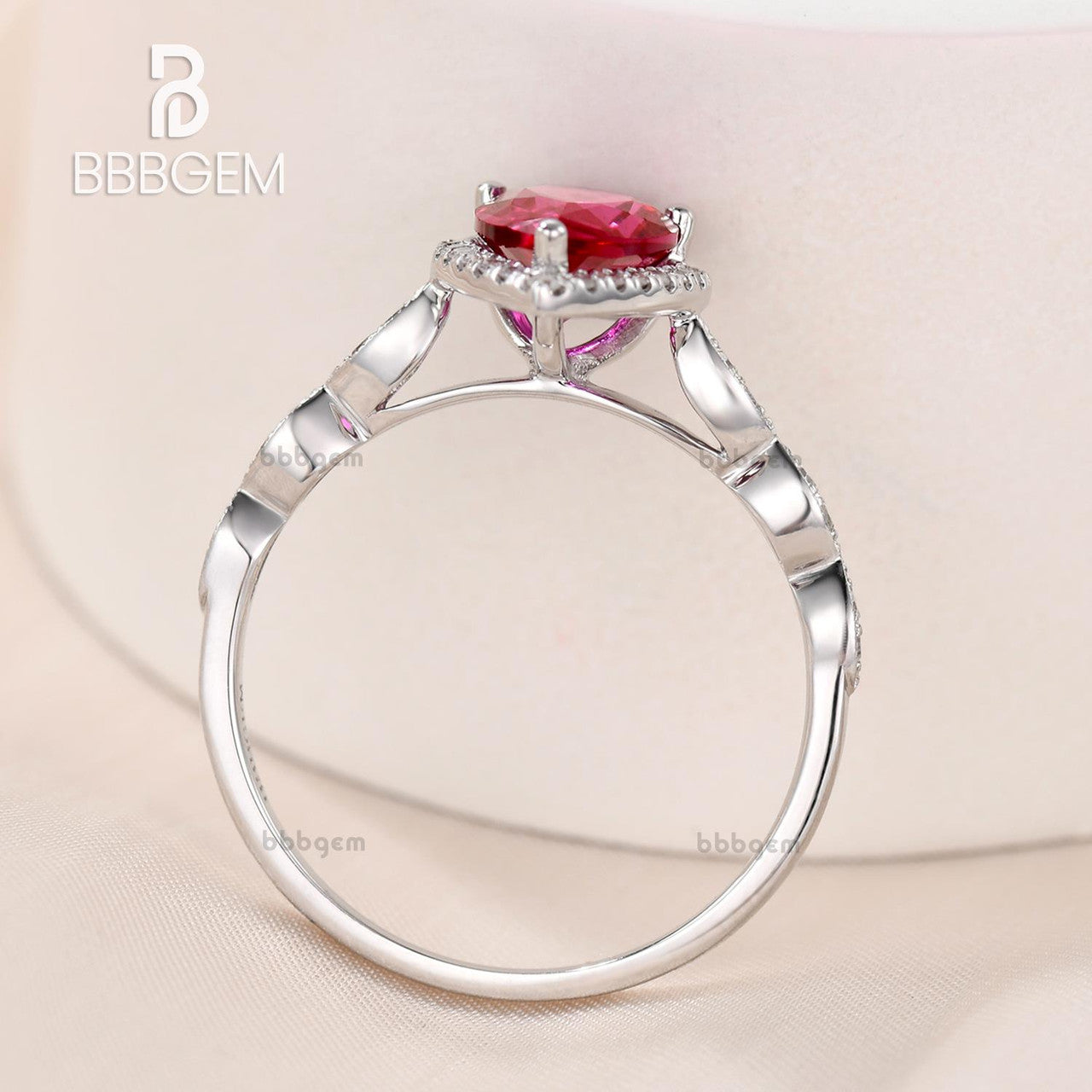 Pear Cut Ruby Engagement Ring in White Gold-Lab Ruby Diamond Halo Wedding Ring