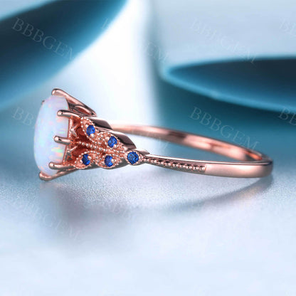 Oval White Opal Engagement Ring 14K Solid Rose Gold Opal Sapphire Ring Promise Ring