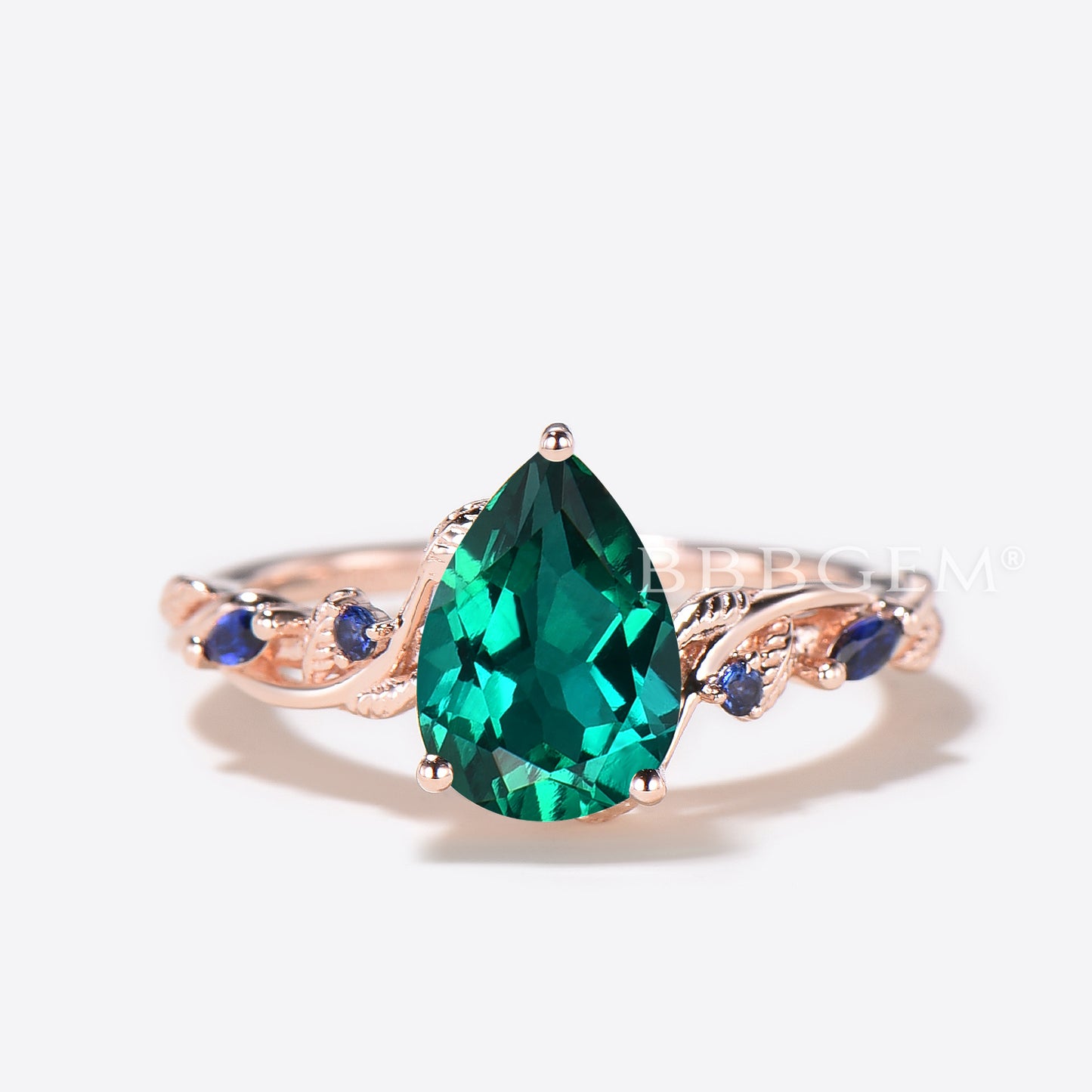 Teardrop Green Emerald Engagement Ring Nature Inspired Emerald Sapphire Bridal Ring