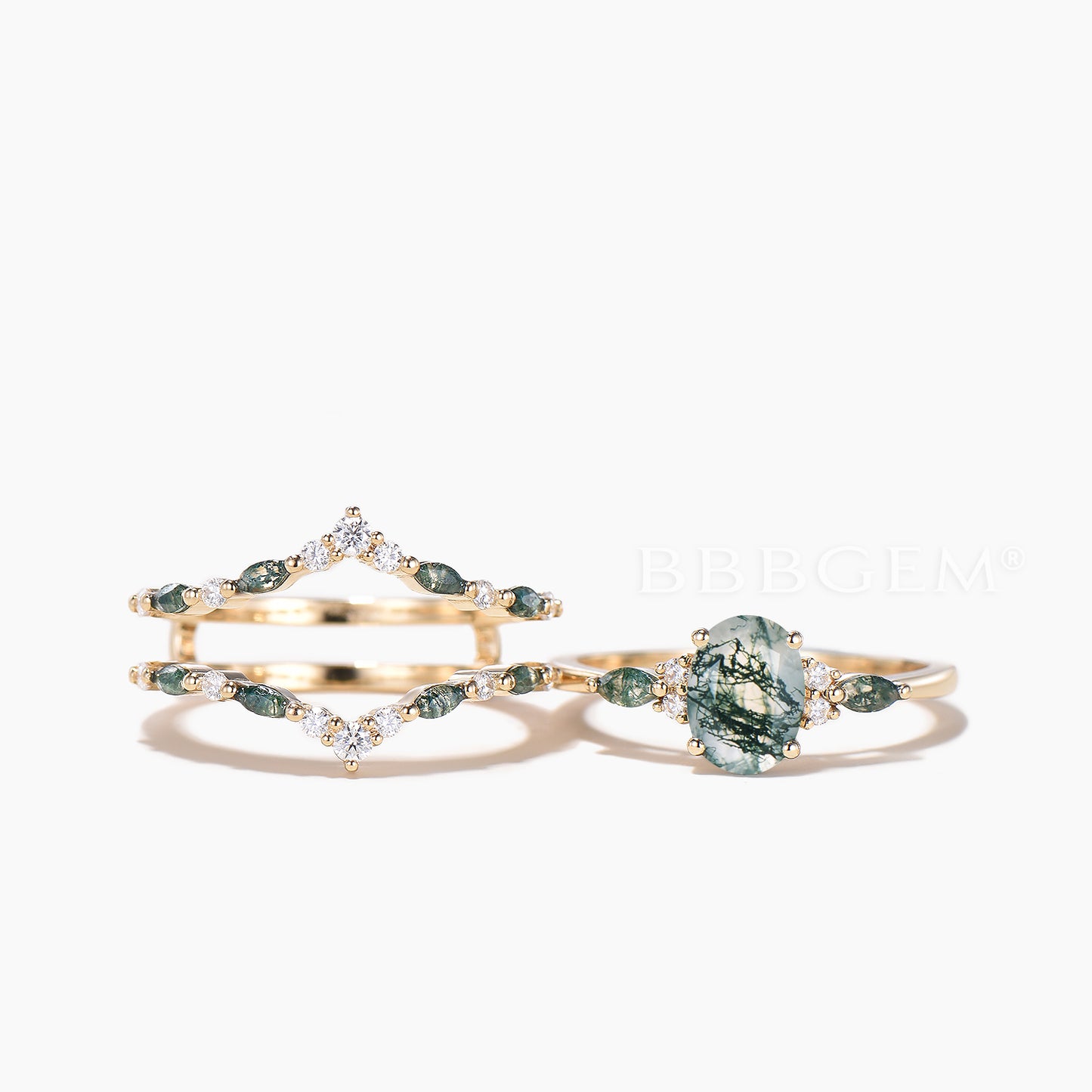 Oval Cut Natural Moss Agate Wedding Ring Diamond Band Enhancer Agate Bridal Set