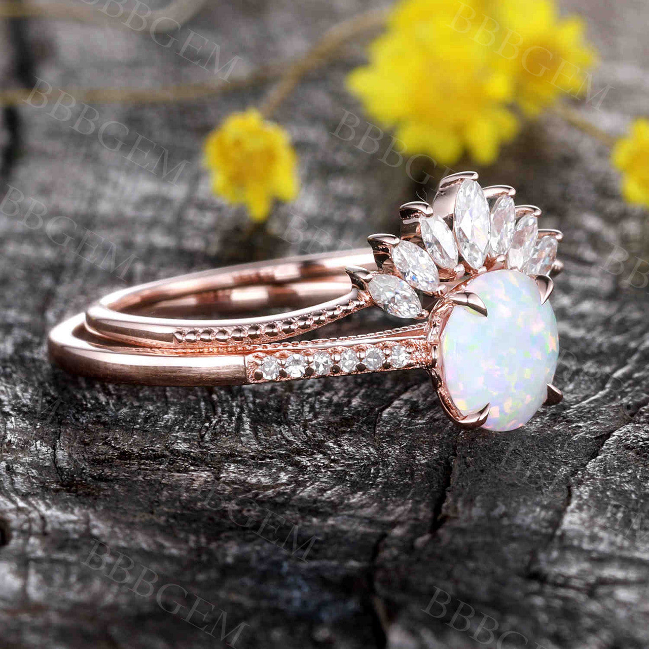 Antique Opal Engagement Ring Set Rose Gold 07