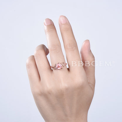 Round Padparadscha Sapphire Ring Pink Sapphire Floral Engagement Ring