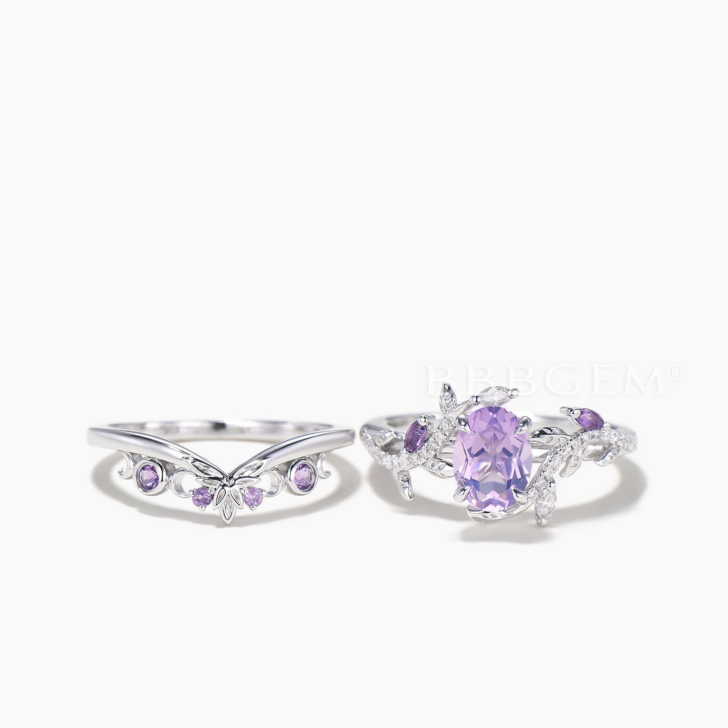 Oval Cut Natural Lavender Amethyst Ring Diamond Amethyst Leaf Twisted Ring Set