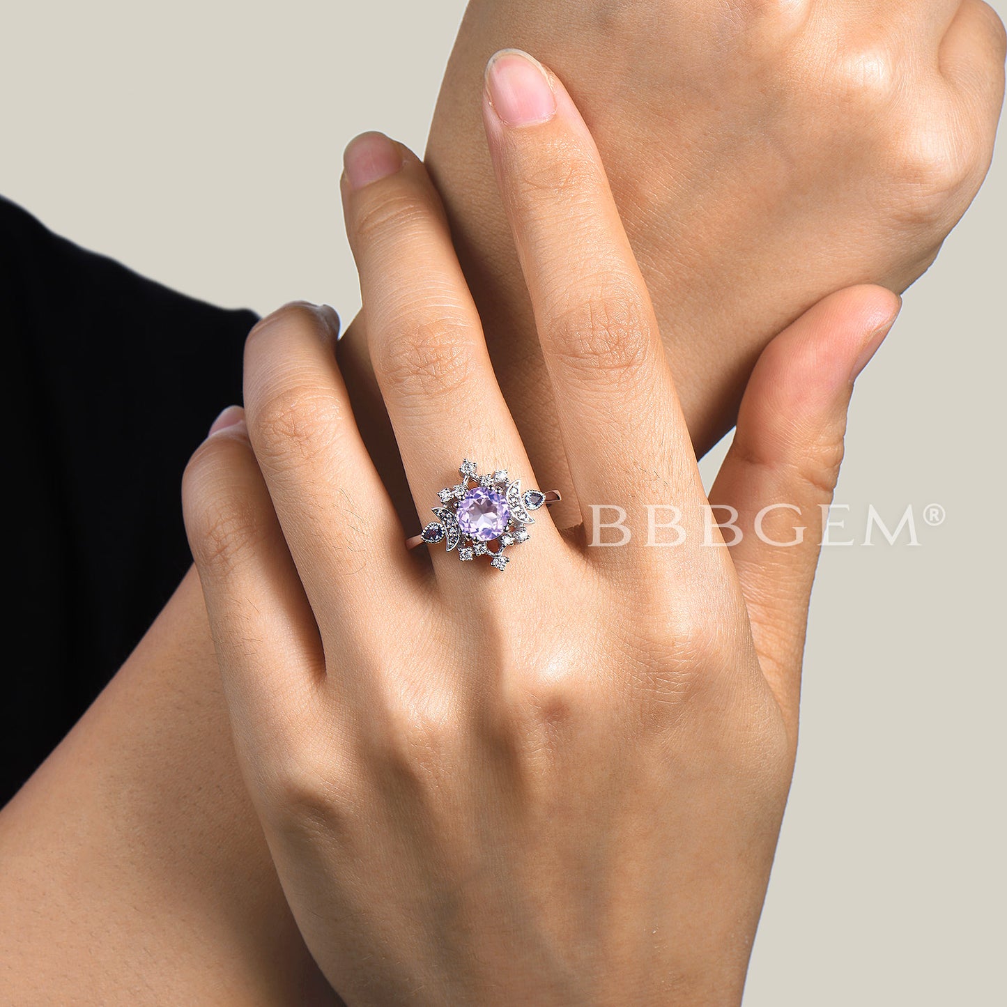 7mm Natural Lavender Amethyst Wedding Ring Art Deco Alexandrite Diamond Ring