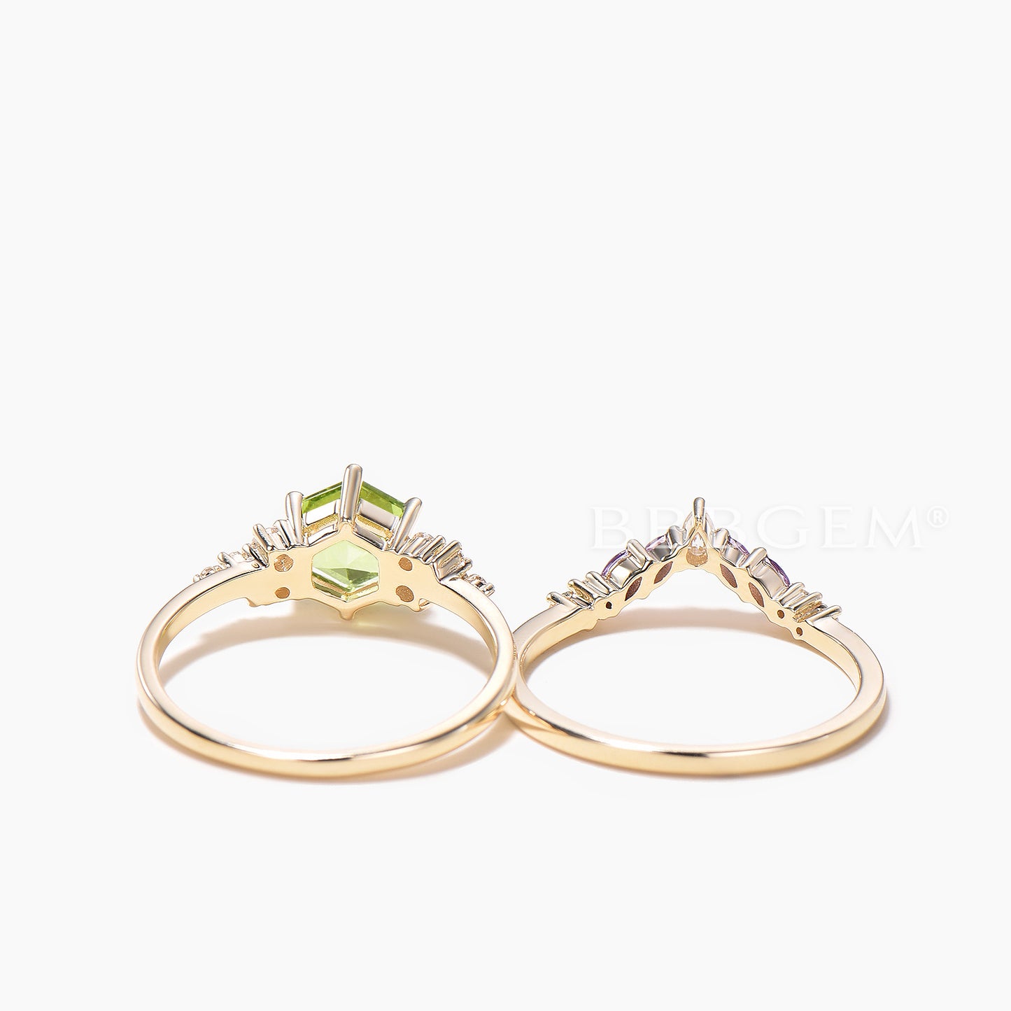 Hexagon Cut Natural Peridot Engagement Ring Moissanite Amethyst Bridal Set