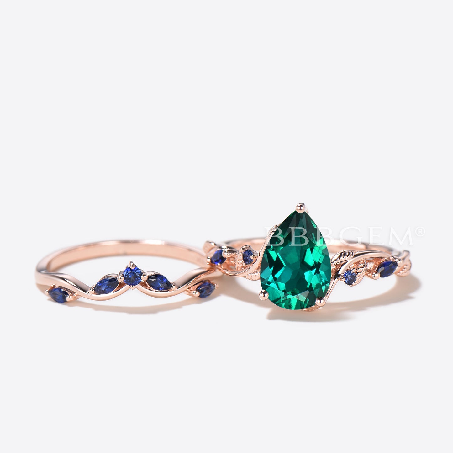 Teardrop Green Emerald Engagement Ring Nature Inspired Emerald Sapphire Bridal Ring