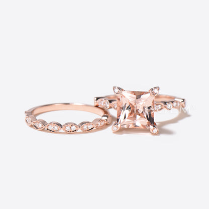 Princess Cut Morganite Hidden Diamond Halo Wedding Ring Set 14K Rose Gold Statement Ring