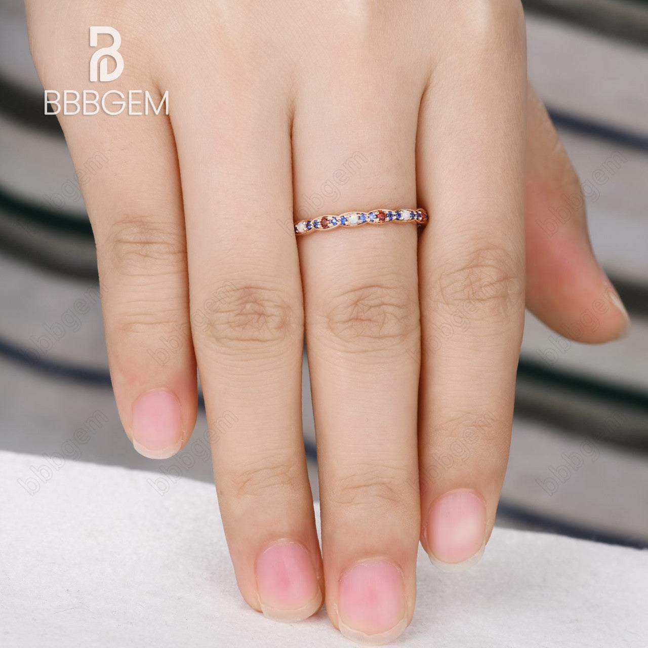 full eternity Opal Garnet Sapphire  band in 14k rose gold-marquise eternity band rose gold