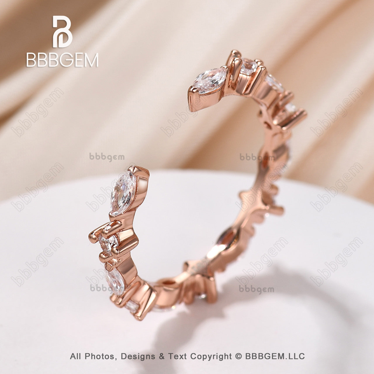 Fashion Open Gap Marquise Round Diamond Wedding Ring Eternity Art Deco Marquise Moissanite14K Rose Gold Vintage Gap Band-bbbgem