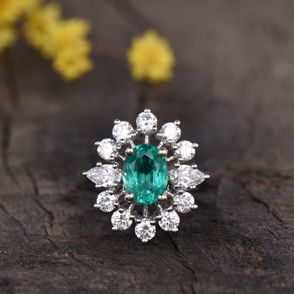 Vintage Natural Emerald Engagement Ring Floral 0