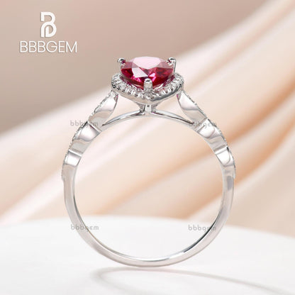 Pear Cut Ruby Engagement Ring in White Gold-Lab Ruby Diamond Halo Wedding Ring