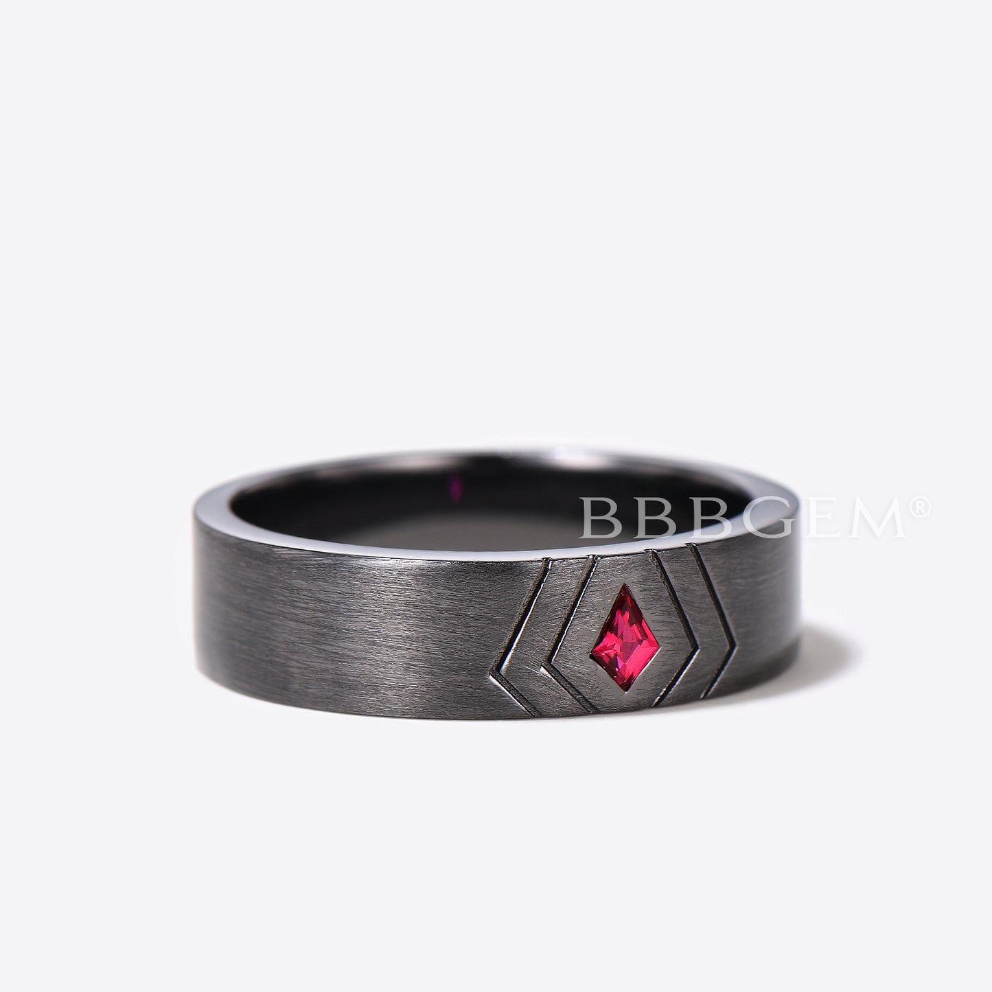 6mm Wide Black Gold Kite Cut Ruby Mens Wedding Band Brushed Ring