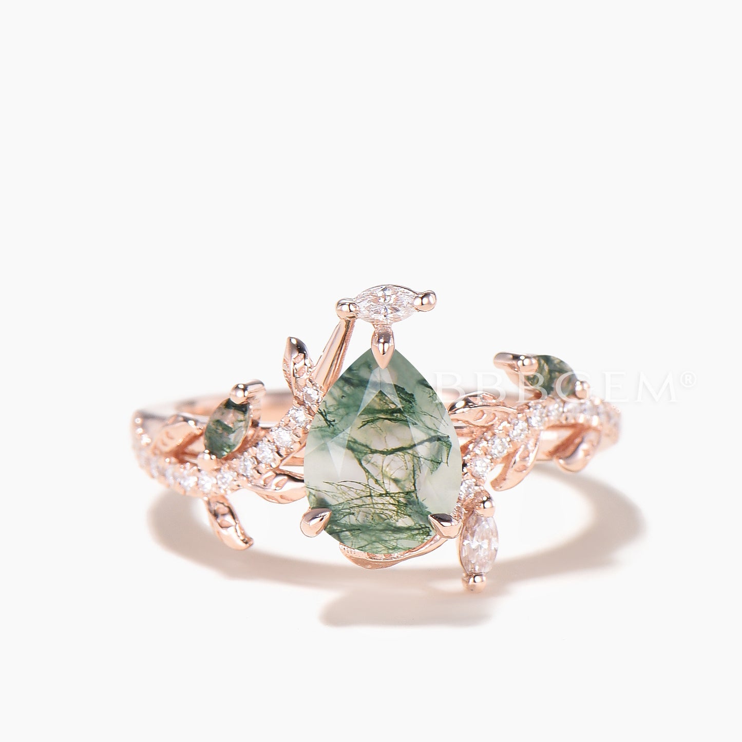 1.25CT Pear Cut Natural Moss Agate Twisted Diamond Leaf Ring Set Agate Band