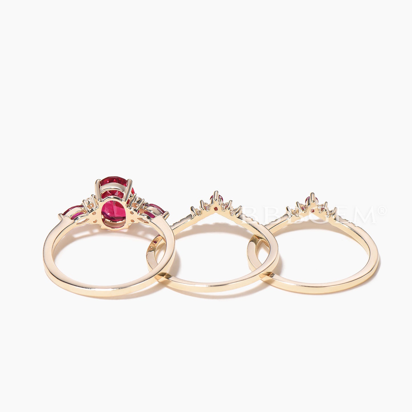 3pcs Ring Set 1.5CT Oval Cut Ruby Engagement Ring Diamond Curved Wedding Band