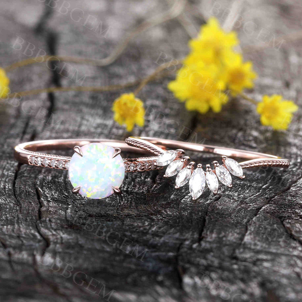 Antique Opal Engagement Ring Set Rose Gold 09